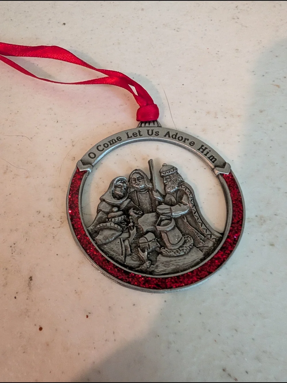 Pewter Nativity Holiday Ornament with Red Accents - O Come Let Us Adore Him